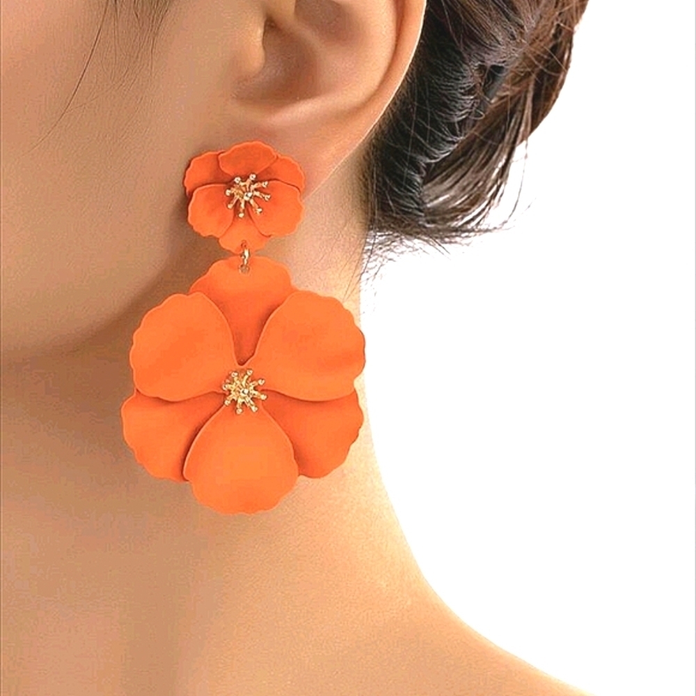 Boho Dangle Earrings Soft Clip On Orange Floral Bohemian Jewelry